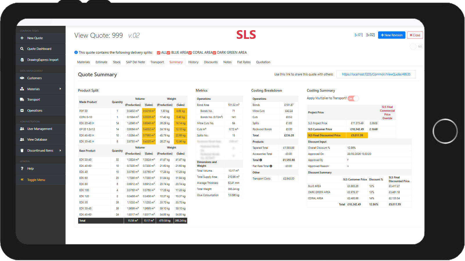 Quotation software dashboard
